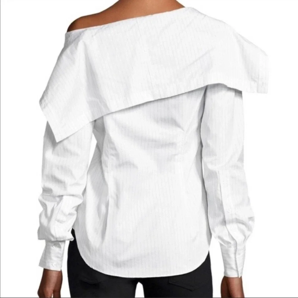 THEORY Doherty Black White Porter Stripe Button Front Off Shoulder Womens Medium - Picture 2 of 10